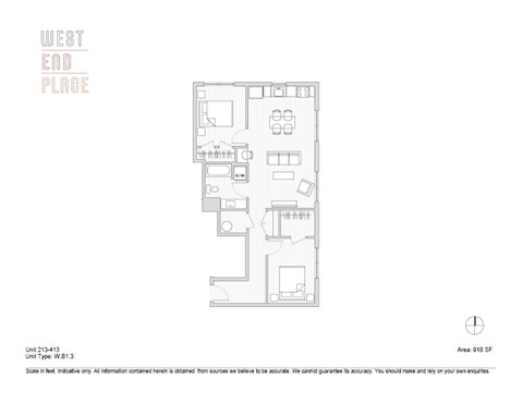 Floor plan for 2 beds, 1 bath, 918 sqft